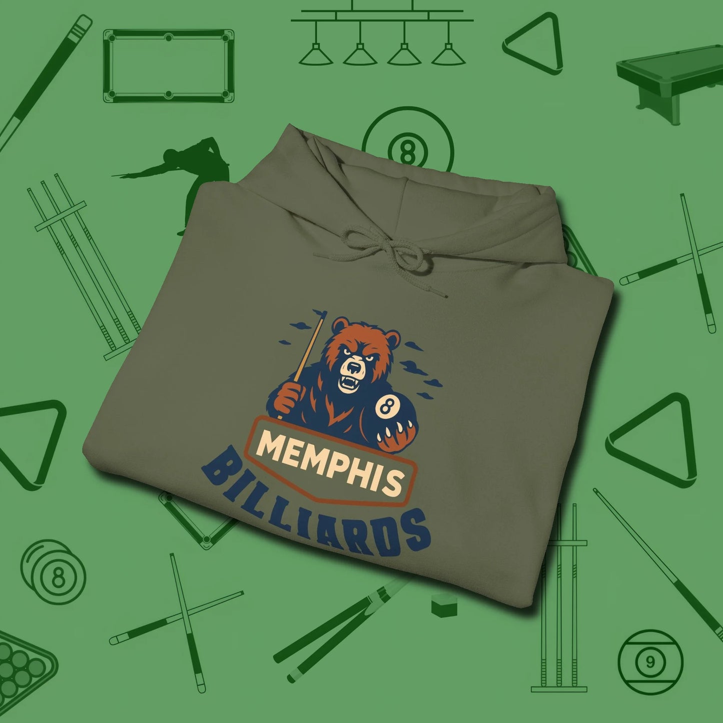 Memphis Billiards Bear Hoodie, folded view, in Military Green not your average 8-ball graphic tee
