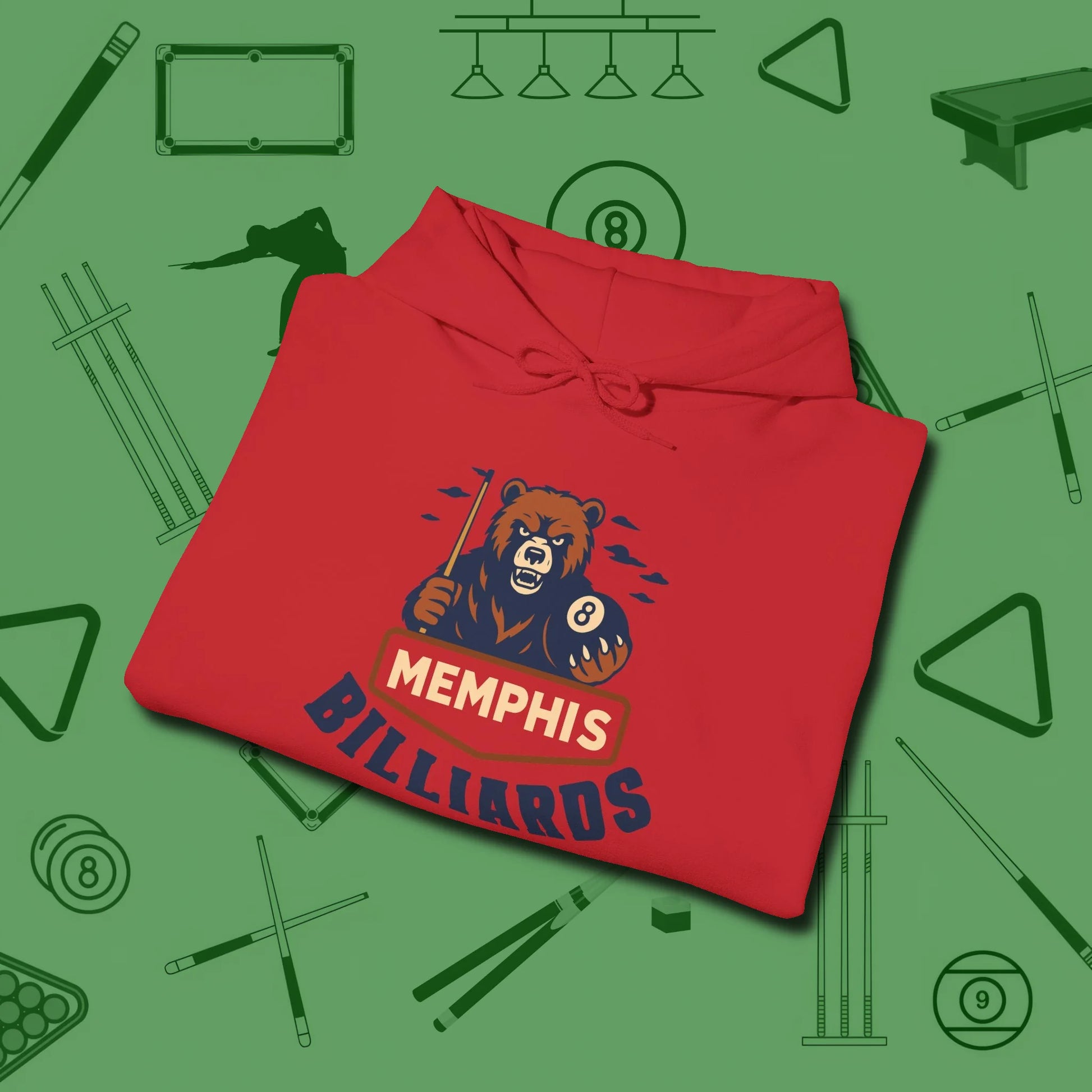 Memphis Billiards Bear Hoodie, folded view, in Red look good while calling your pocket