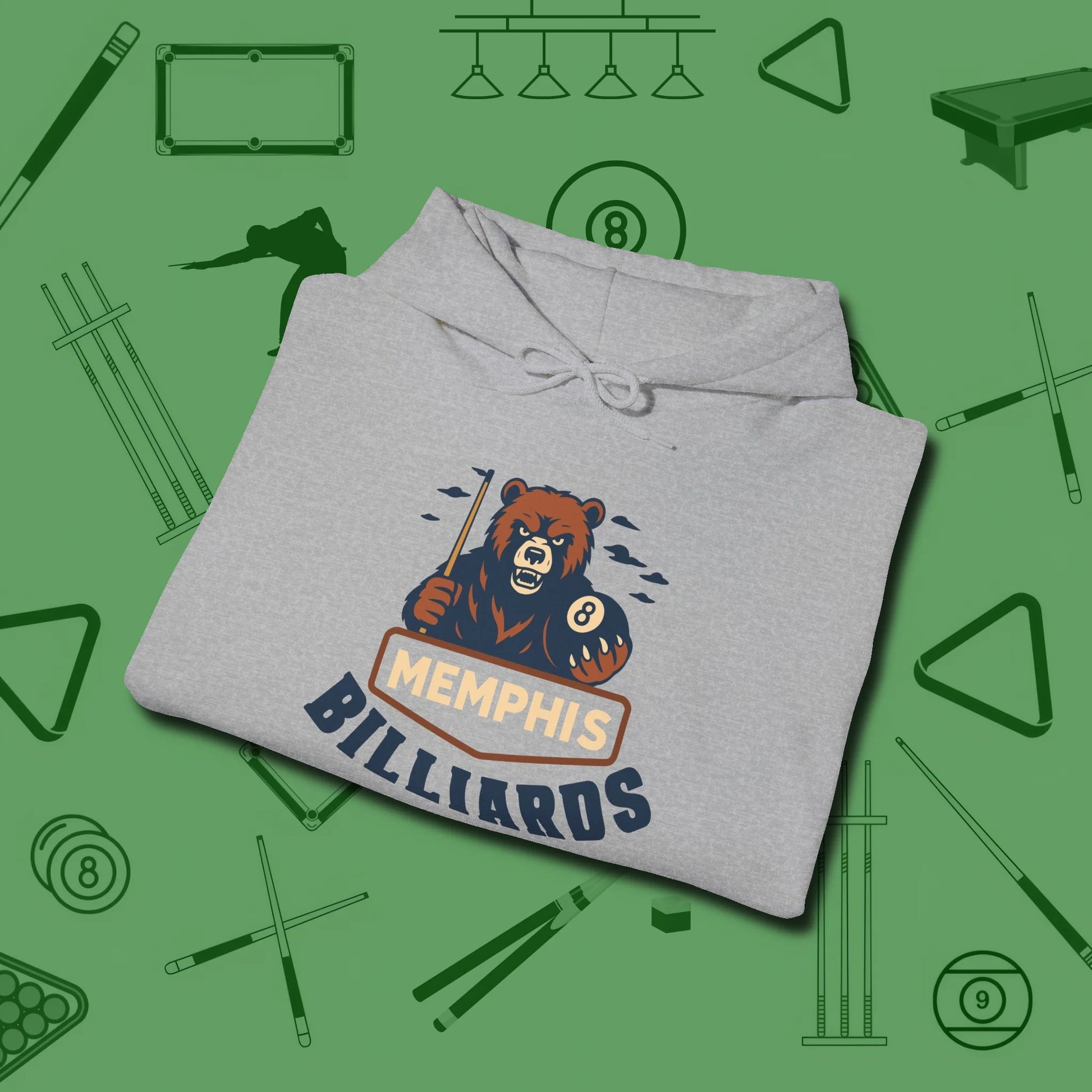 Memphis Billiards Bear Hoodie, folded view, in Sport Grey smart enough for the felt and the street
