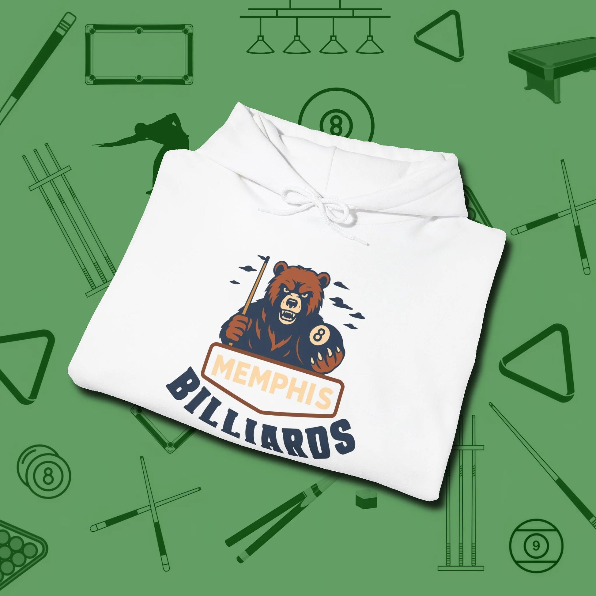 Memphis Billiards Bear Hoodie, folded view, in White like your stroke — smooth and deliberate