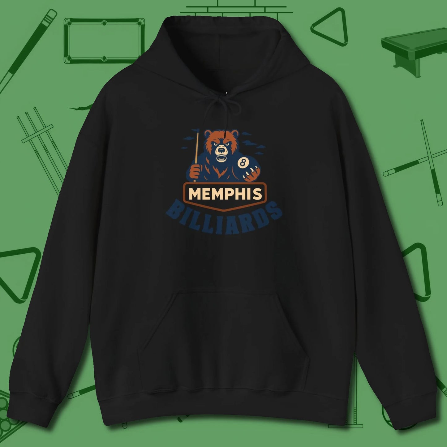 Memphis Billiards Bear Hoodie, front view, in Black what champions wear between racks