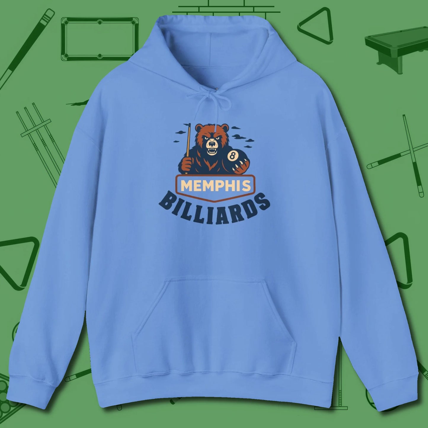 Memphis Billiards Bear Hoodie, front view, in Carolina Blue because the table is your battlefield