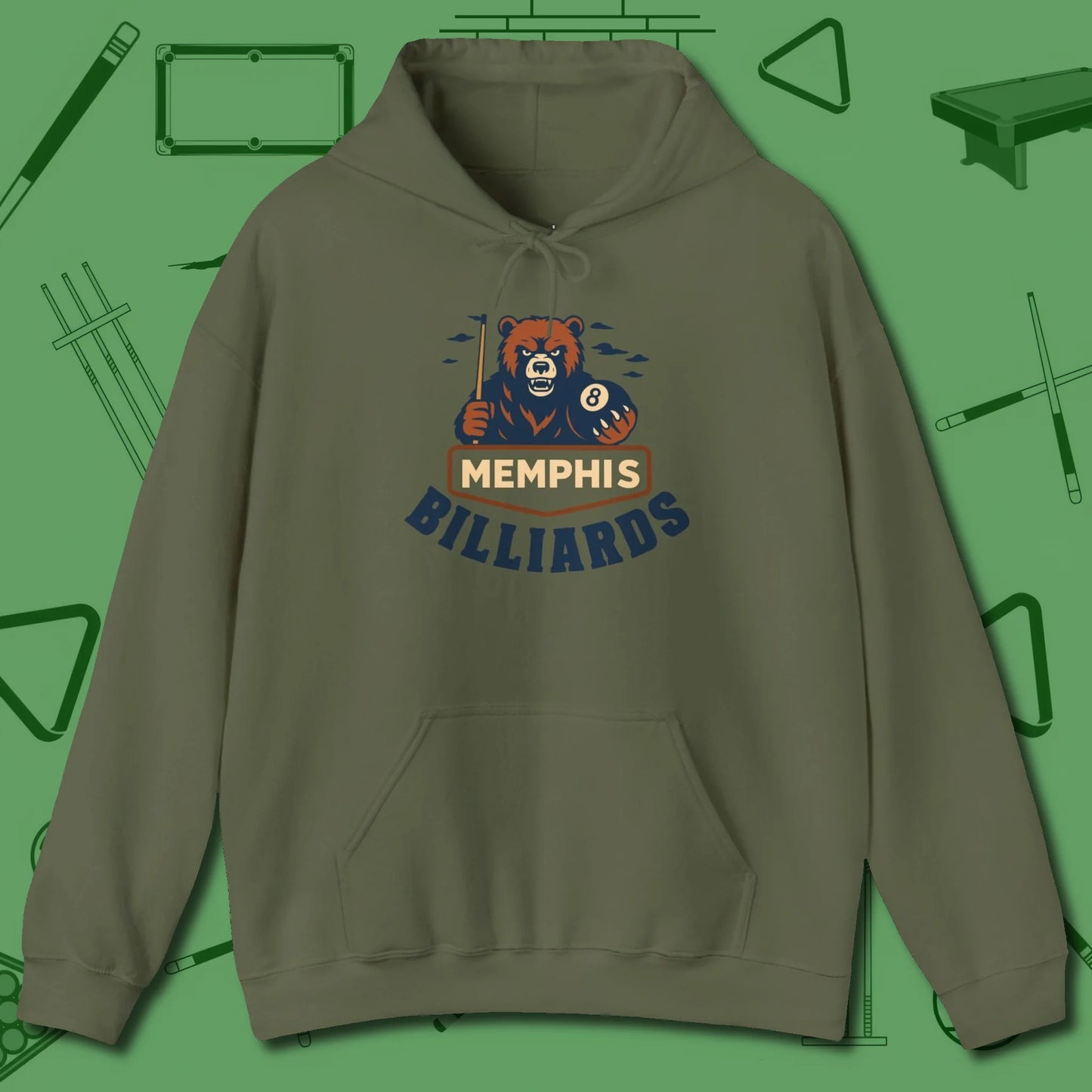 Memphis Billiards Bear Hoodie, front view, in Military Green where style and cue discipline collide