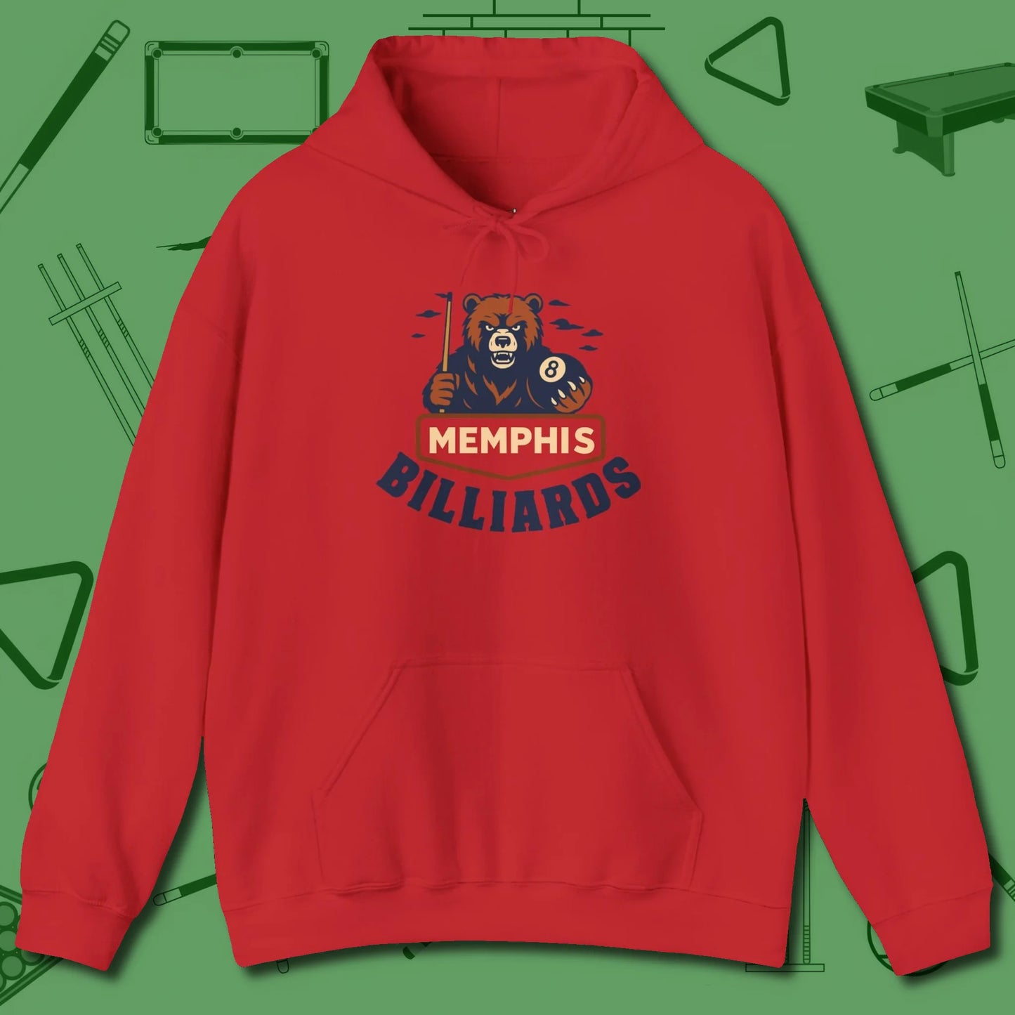 Memphis Billiards Bear Hoodie, front view, in Red ideal for clean hits and clean fits