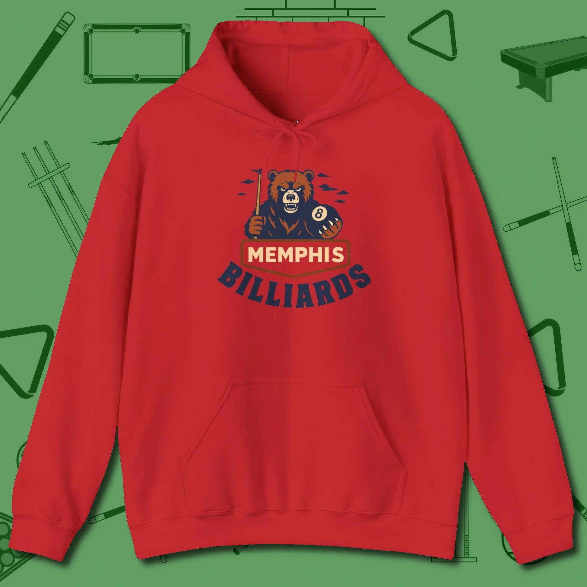 Memphis Billiards Bear Hoodie, front view, in Red ideal for clean hits and clean fits