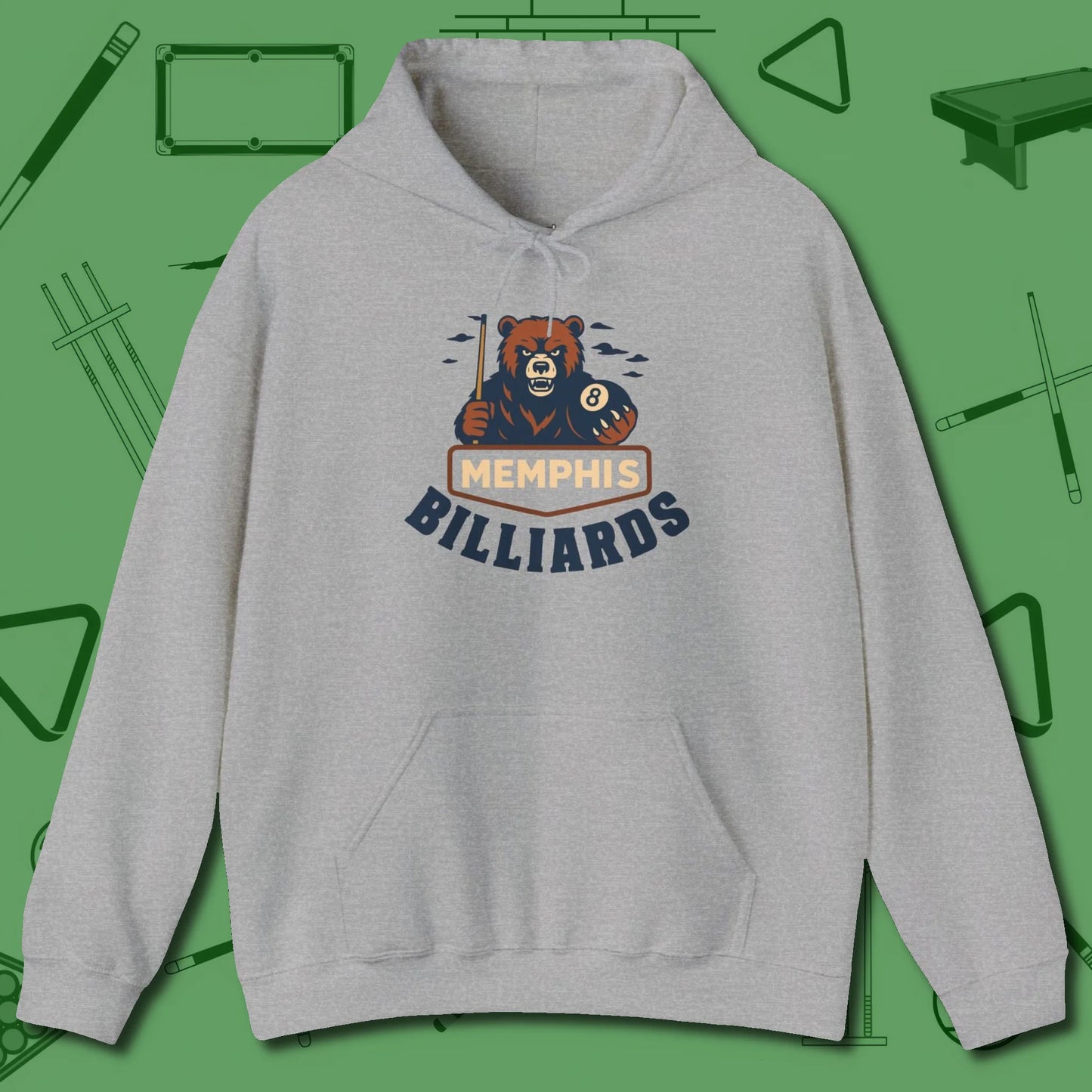 Memphis Billiards Bear Hoodie, front view, in Sport Grey play in style, win in silence