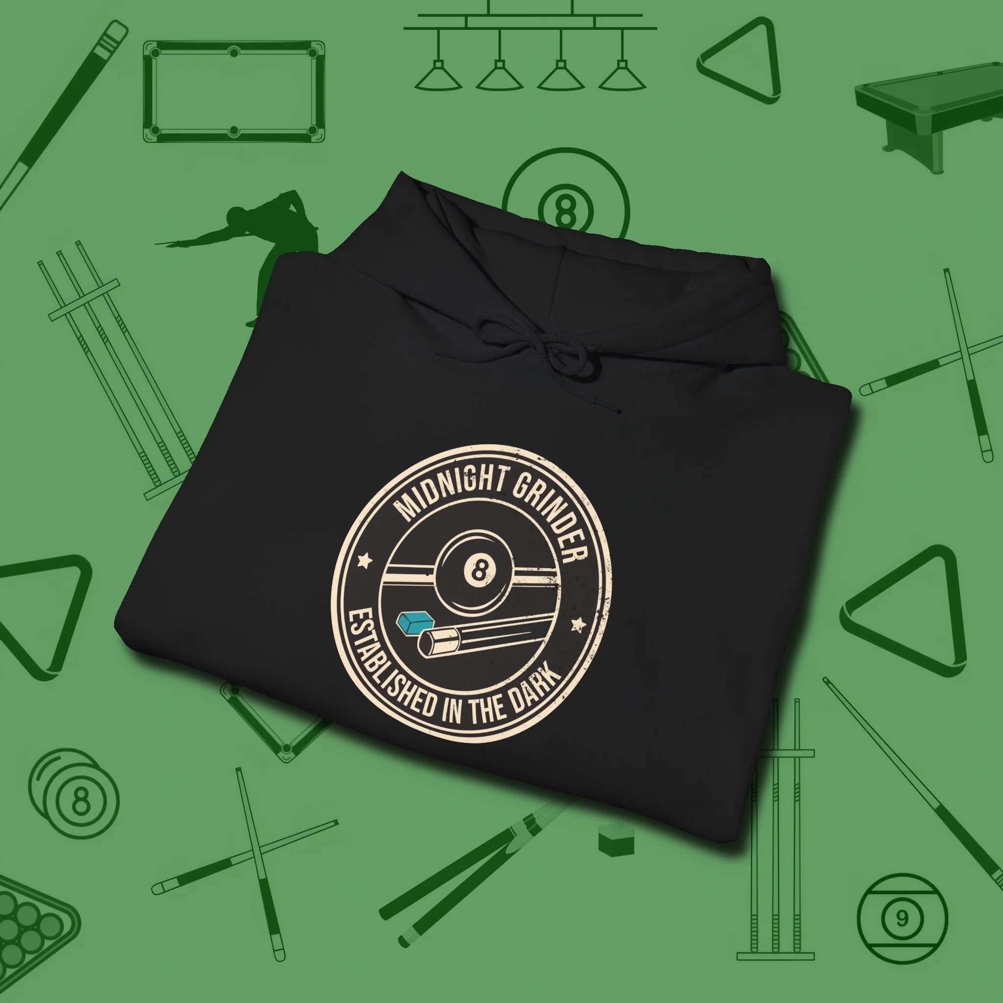 Midnight Grinder Badge Hoodie, folded view, in Black put your best game on display