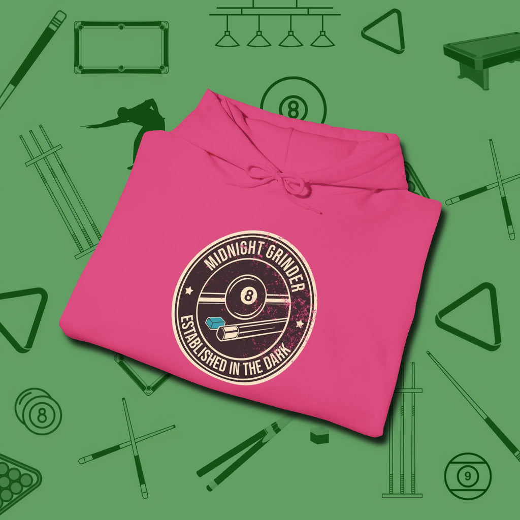 Midnight Grinder Badge Hoodie, folded view, in Heliconia cool under pressure, hot on the eyes