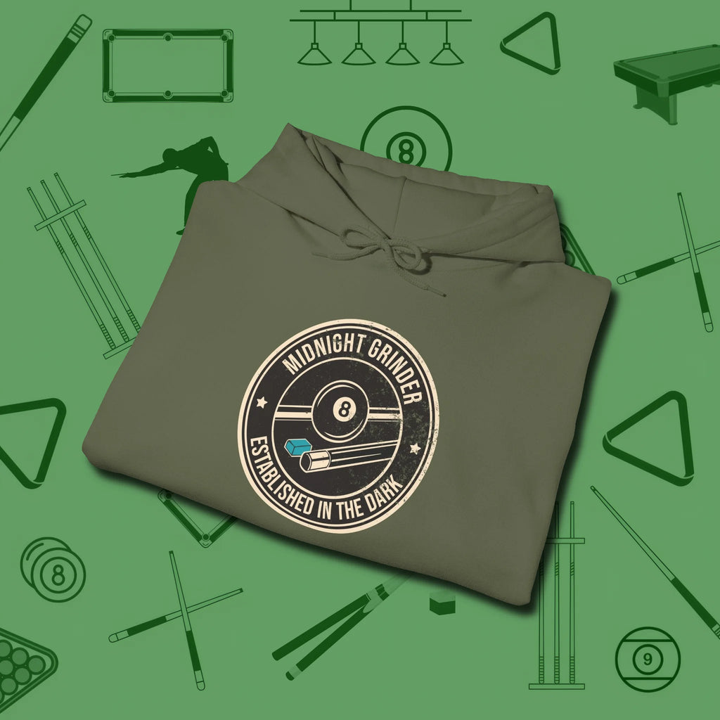 Midnight Grinder Badge Hoodie, folded view, in Military Green helps your stroke and your style