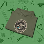 Midnight Grinder Badge Hoodie, folded view, in Military Green helps your stroke and your style