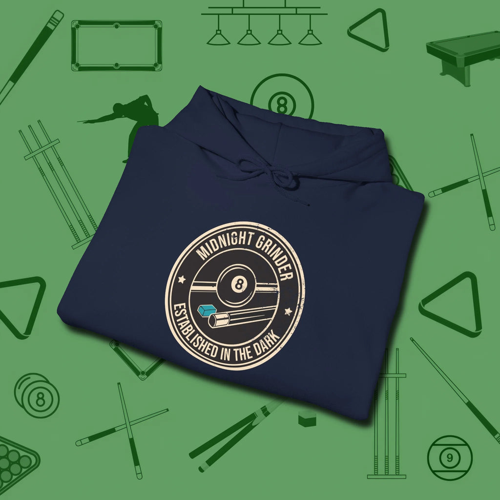 Midnight Grinder Badge Hoodie, folded view, in Navy dress for the shot you want to take