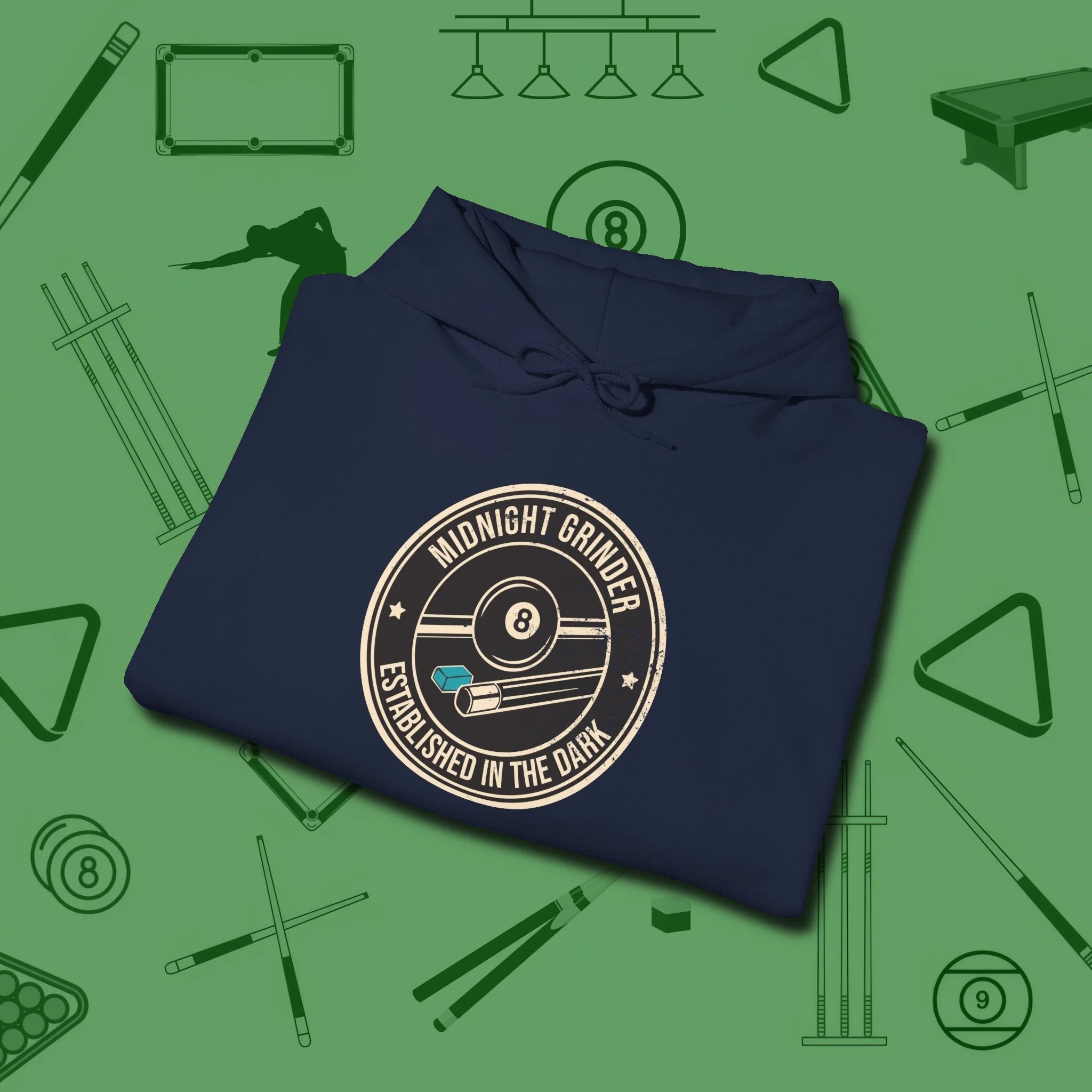 Midnight Grinder Badge Hoodie, folded view, in Navy dress for the shot you want to take