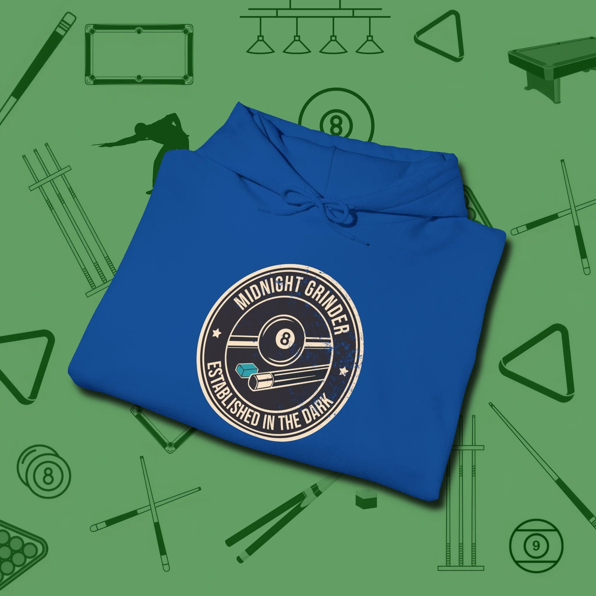 Midnight Grinder Badge Hoodie, folded view, in Royal cool enough for a corner pocket finish