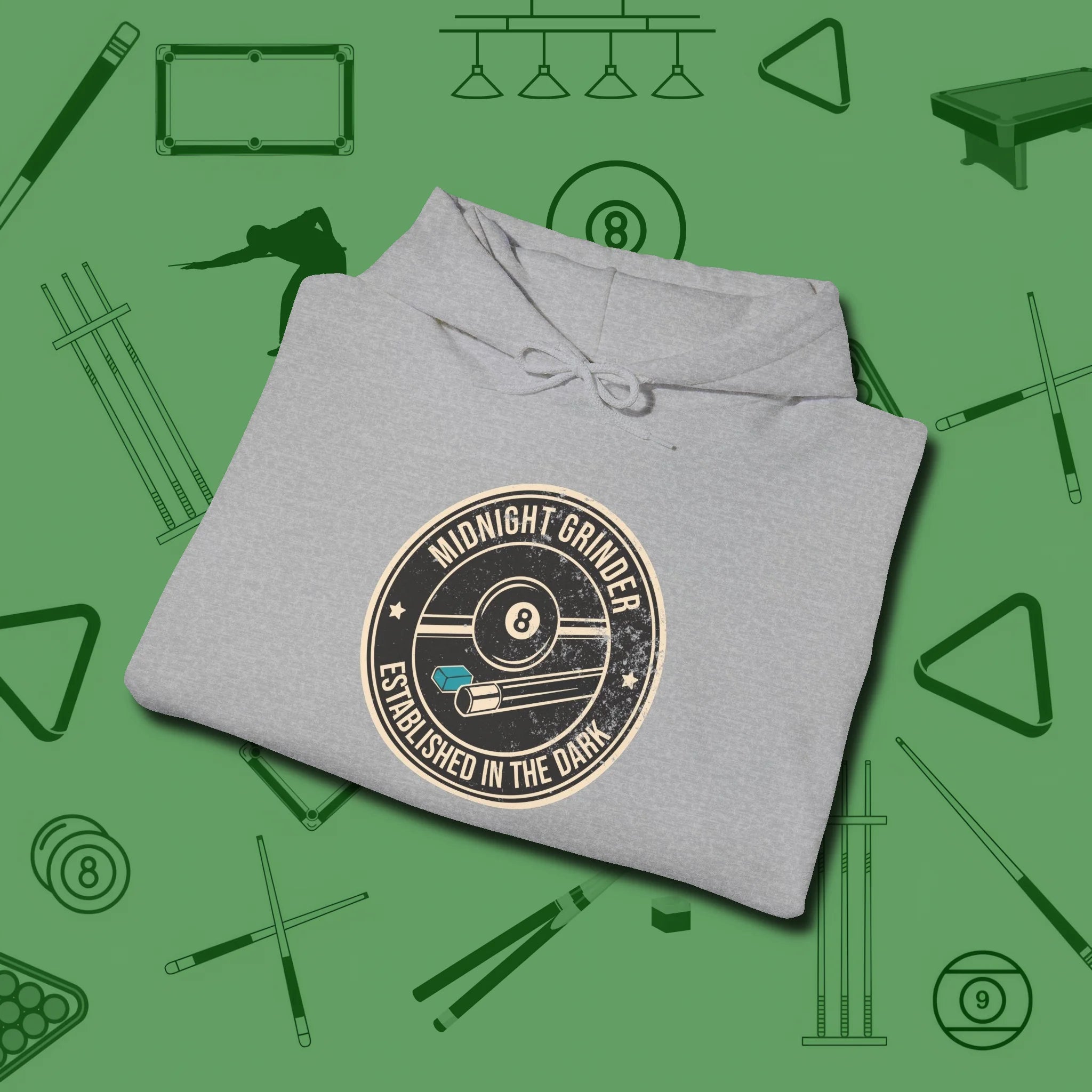 Midnight Grinder Badge Hoodie, folded view, in Sport Grey cue up respect every time you wear it