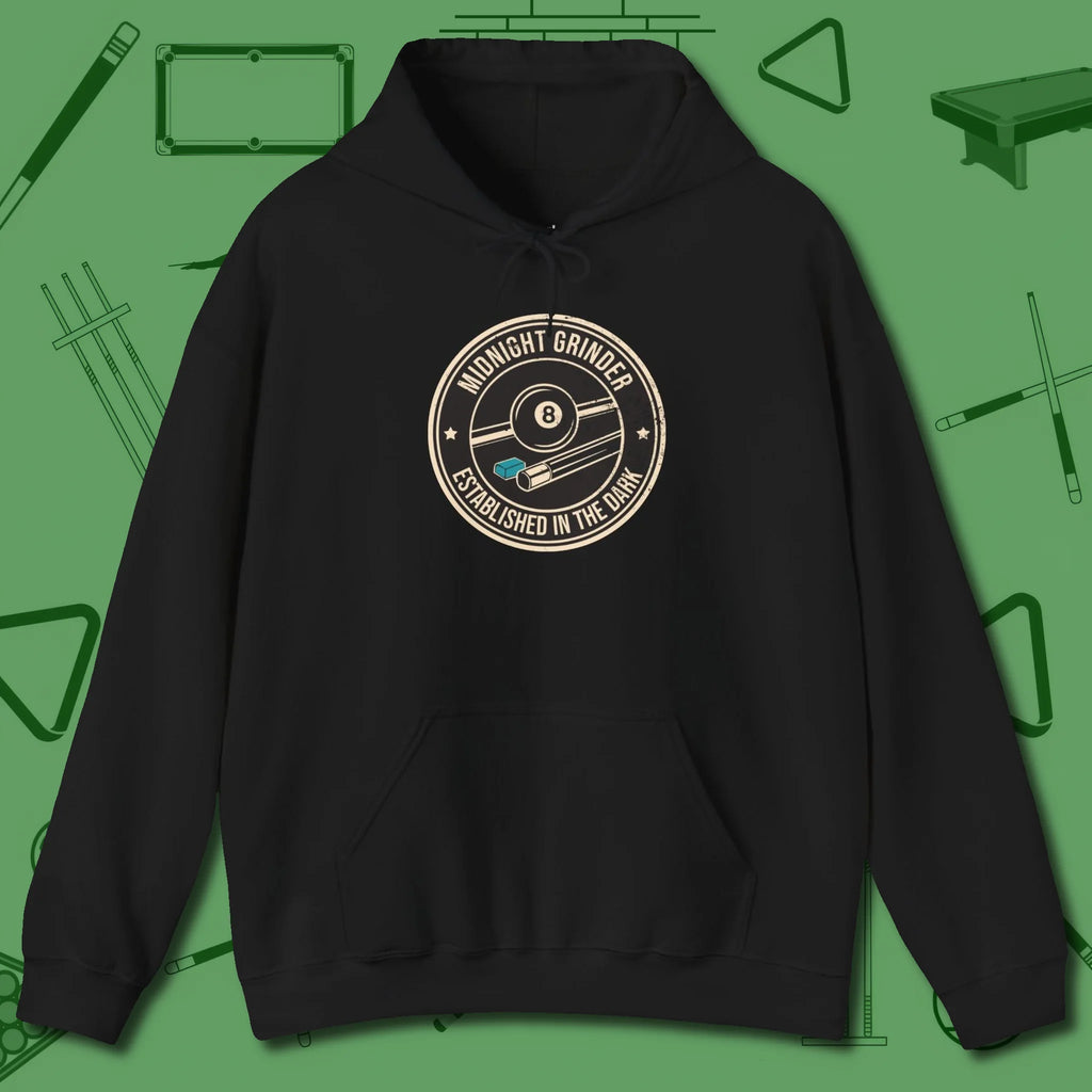 Midnight Grinder Badge Hoodie, front view, in Black built for bold breaks and quiet confidence