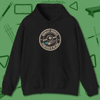 Midnight Grinder Badge Hoodie, front view, in Black built for bold breaks and quiet confidence