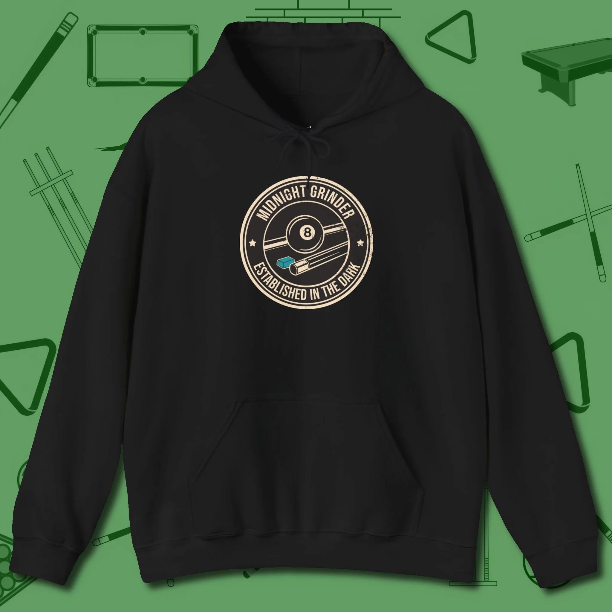 Midnight Grinder Badge Hoodie, front view, in Black built for bold breaks and quiet confidence