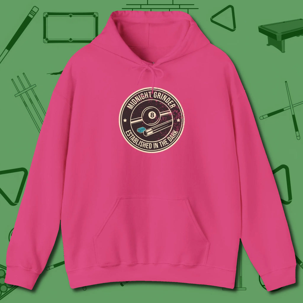 Midnight Grinder Badge Hoodie, front view, in Heliconia dress for the shot you want to take