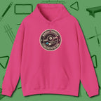 Midnight Grinder Badge Hoodie, front view, in Heliconia dress for the shot you want to take