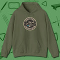 Midnight Grinder Badge Hoodie, front view, in Military Green play in style, win in silence