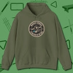 Midnight Grinder Badge Hoodie, front view, in Military Green play in style, win in silence