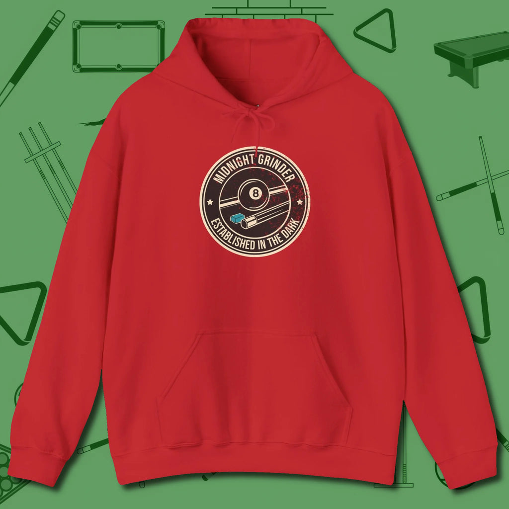 Midnight Grinder Badge Hoodie, front view, in Red for hustlers who keep it honest