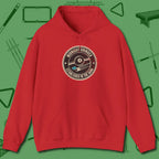 Midnight Grinder Badge Hoodie, front view, in Red for hustlers who keep it honest