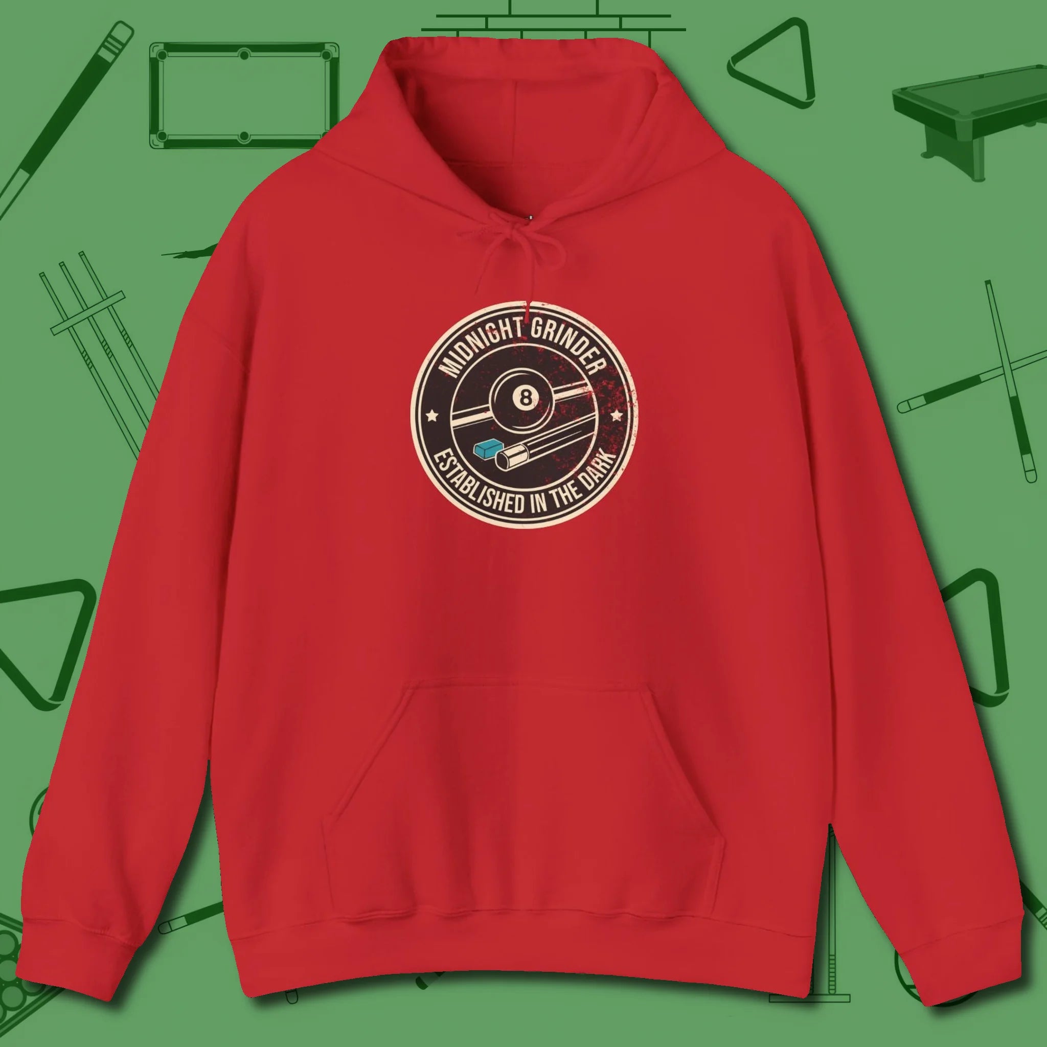 Midnight Grinder Badge Hoodie, front view, in Red for hustlers who keep it honest