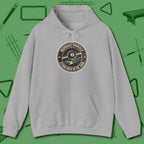 Midnight Grinder Badge Hoodie, front view, in Sport Grey cue up respect every time you wear it