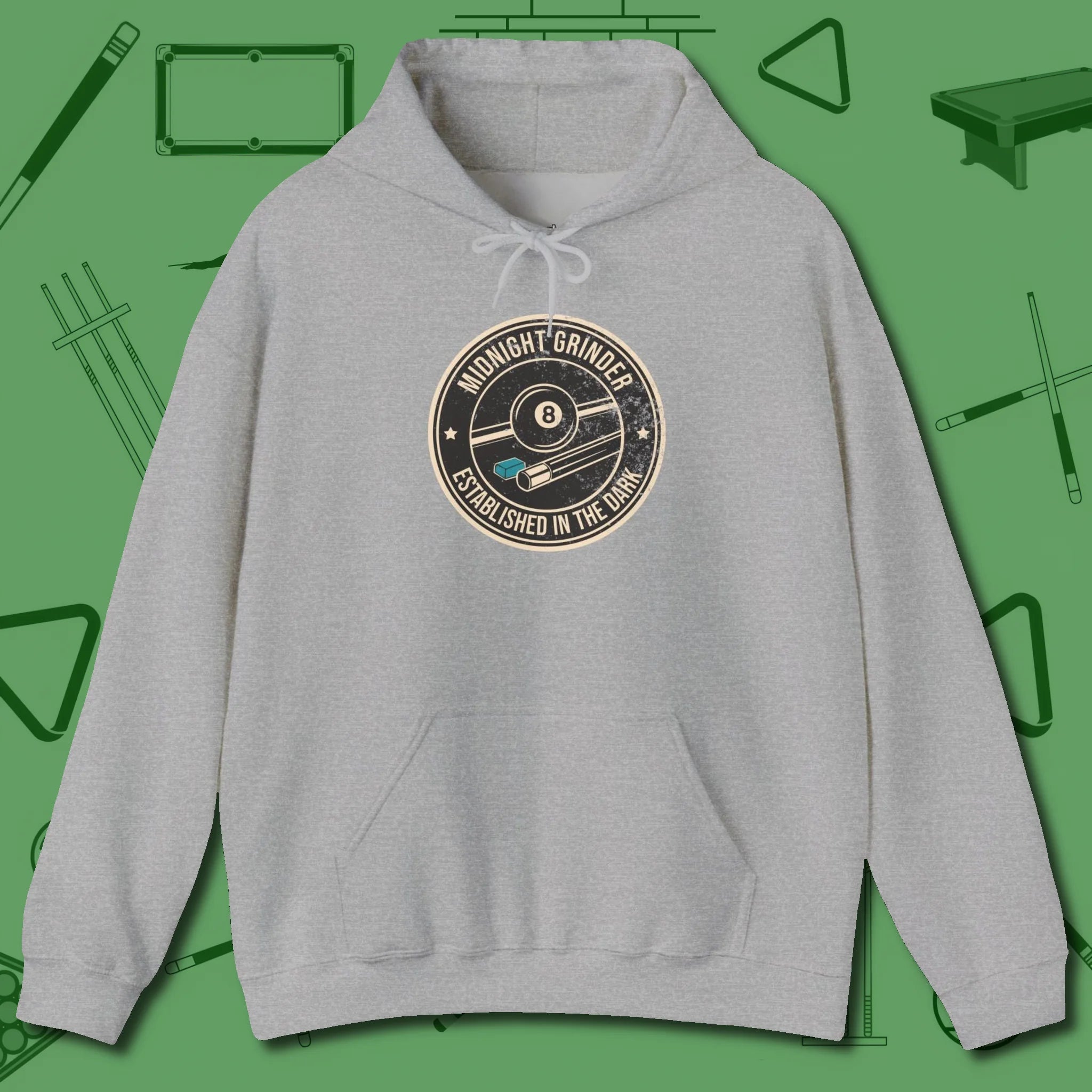 Midnight Grinder Badge Hoodie, front view, in Sport Grey cue up respect every time you wear it