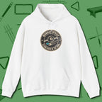 Midnight Grinder Badge Hoodie, front view, in White table-tested, street-approved style