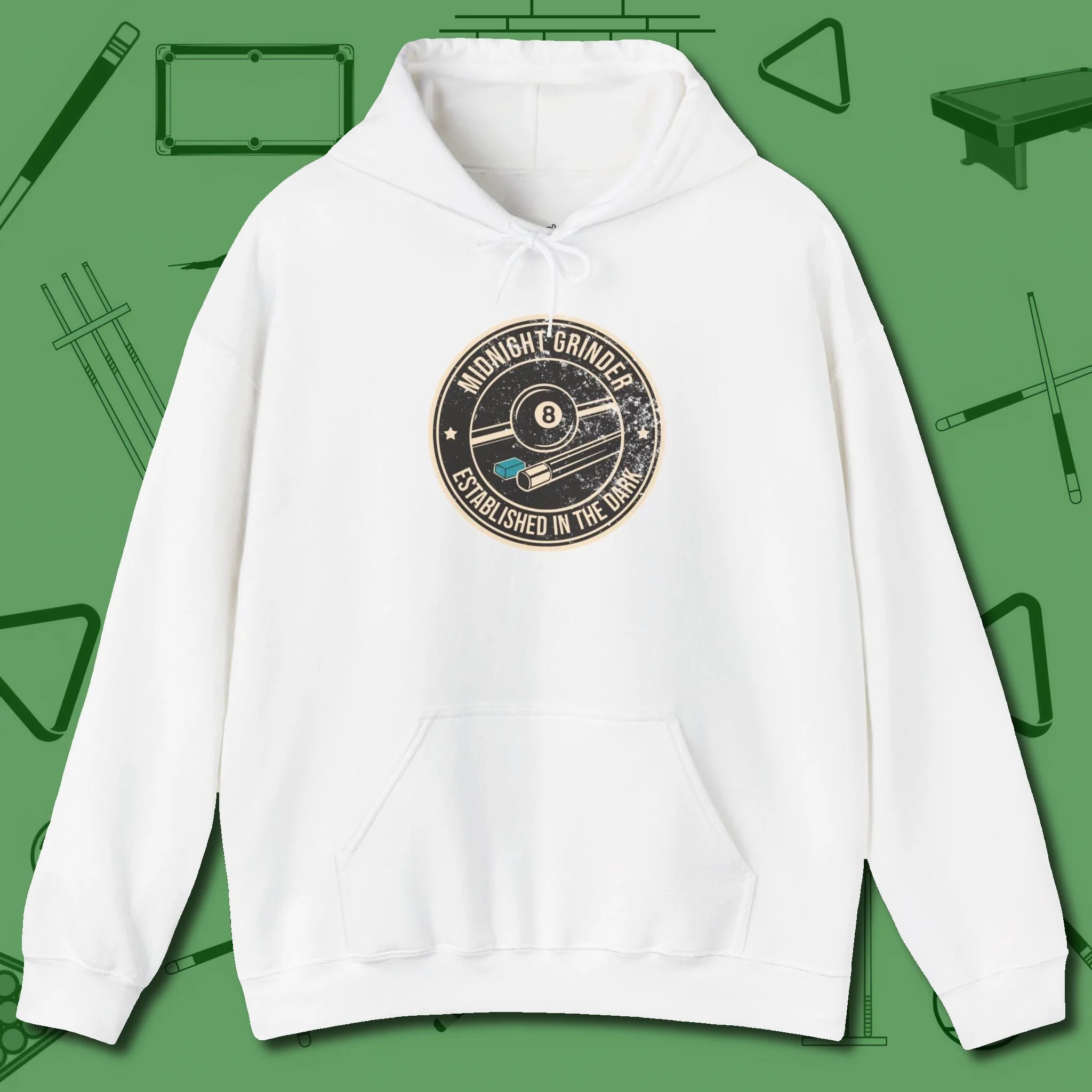 Midnight Grinder Badge Hoodie, front view, in White table-tested, street-approved style