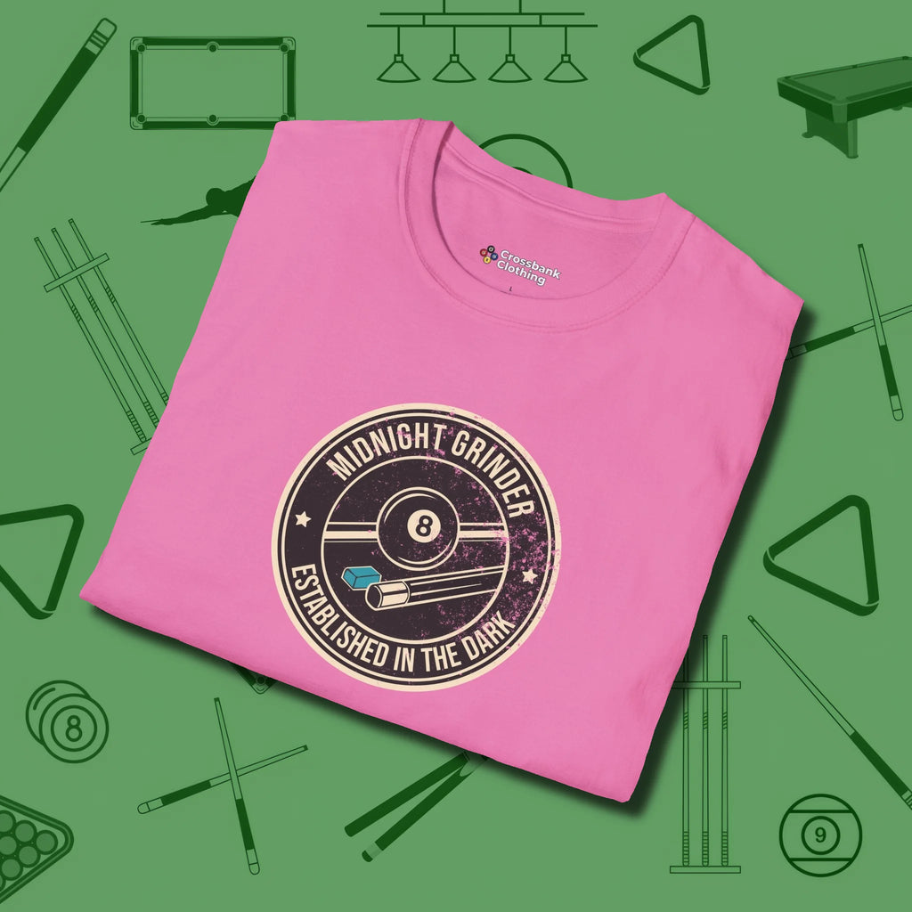 Midnight Grinder Badge T-Shirt, folded view, in Azalea put your best game on display