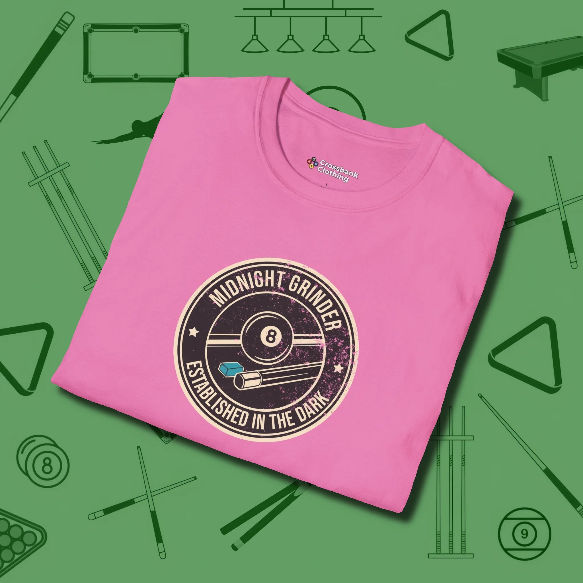 Midnight Grinder Badge T-Shirt, folded view, in Azalea put your best game on display