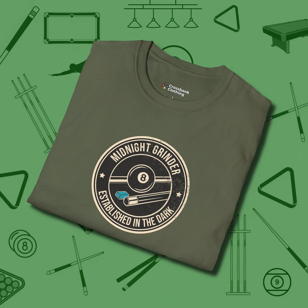 Midnight Grinder Badge T-Shirt, folded view, in Military Green because you don’t just play — you represent