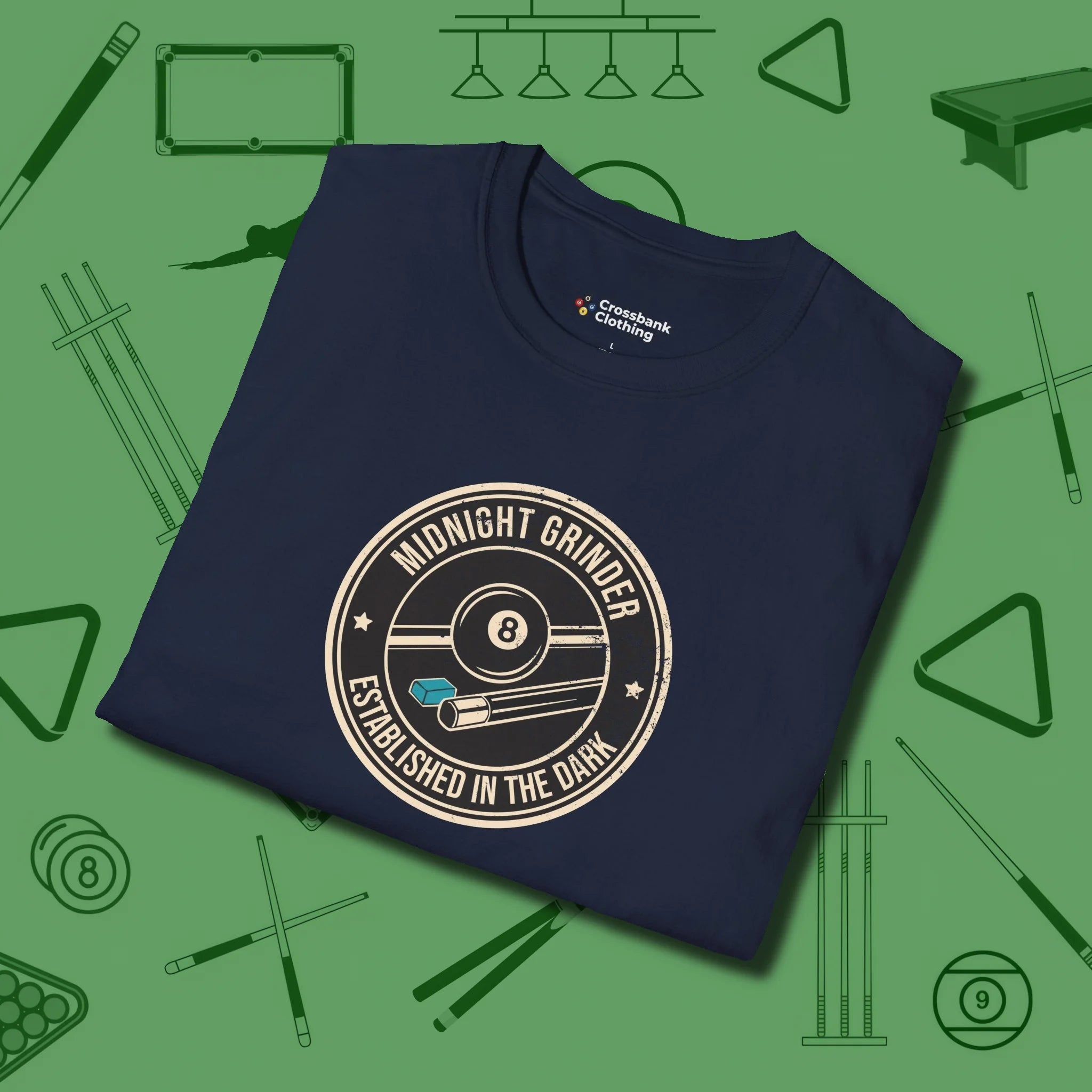 Midnight Grinder Badge T-Shirt, folded view, in Navy play in style, win in silence