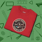 Midnight Grinder Badge T-Shirt, folded view, in Red look good while calling your pocket