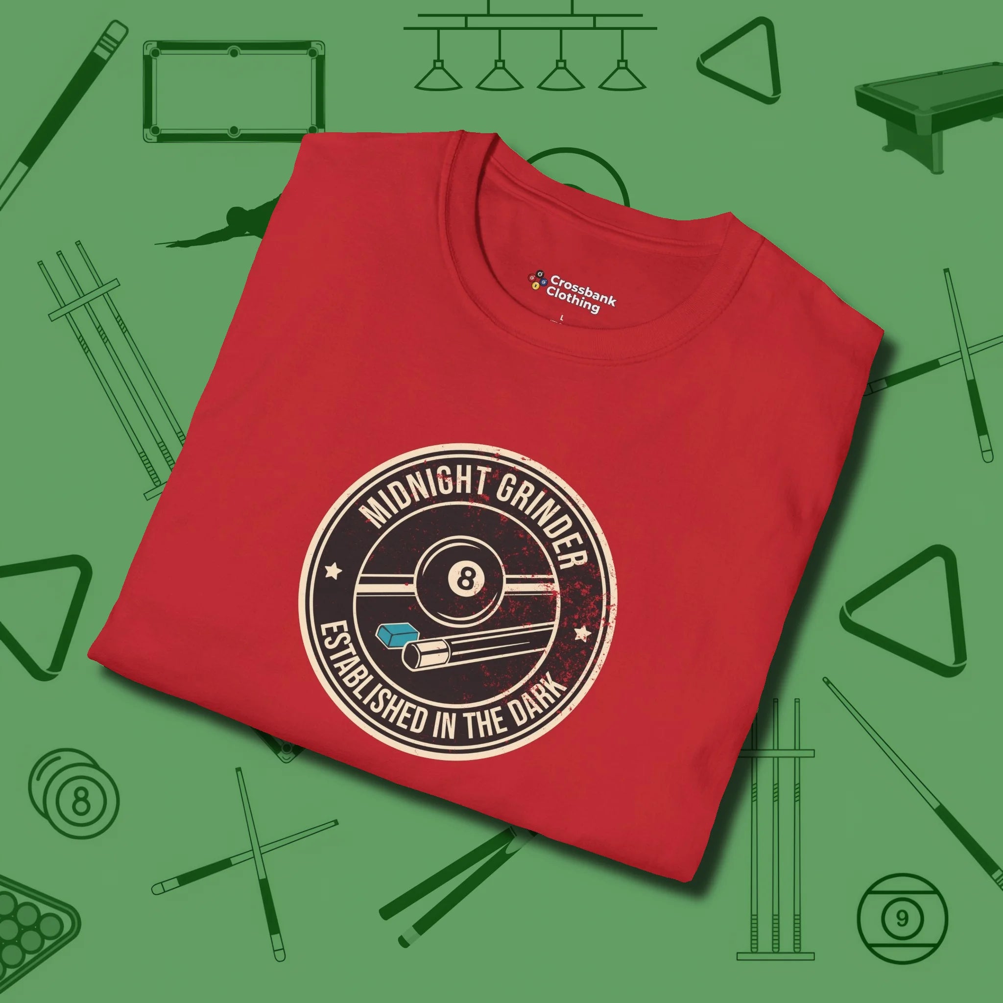 Midnight Grinder Badge T-Shirt, folded view, in Red look good while calling your pocket