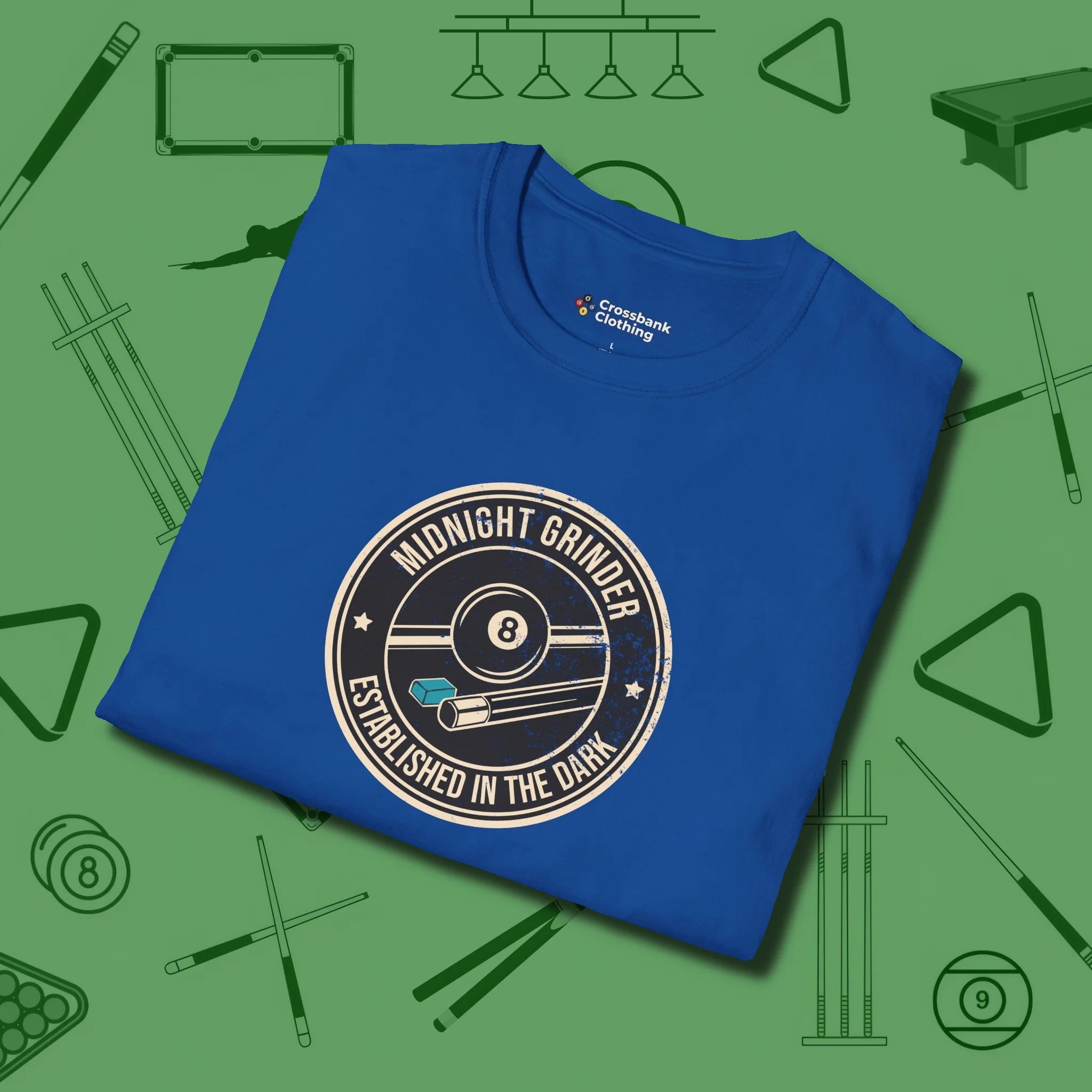 Midnight Grinder Badge T-Shirt, folded view, in Royal tough like your favorite break cue