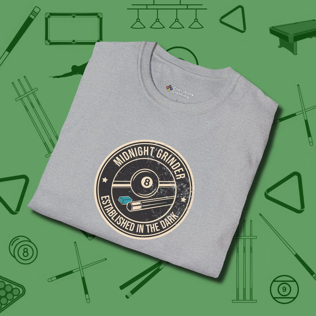 Midnight Grinder Badge T-Shirt, folded view, in Sport Grey cool enough for a corner pocket finish