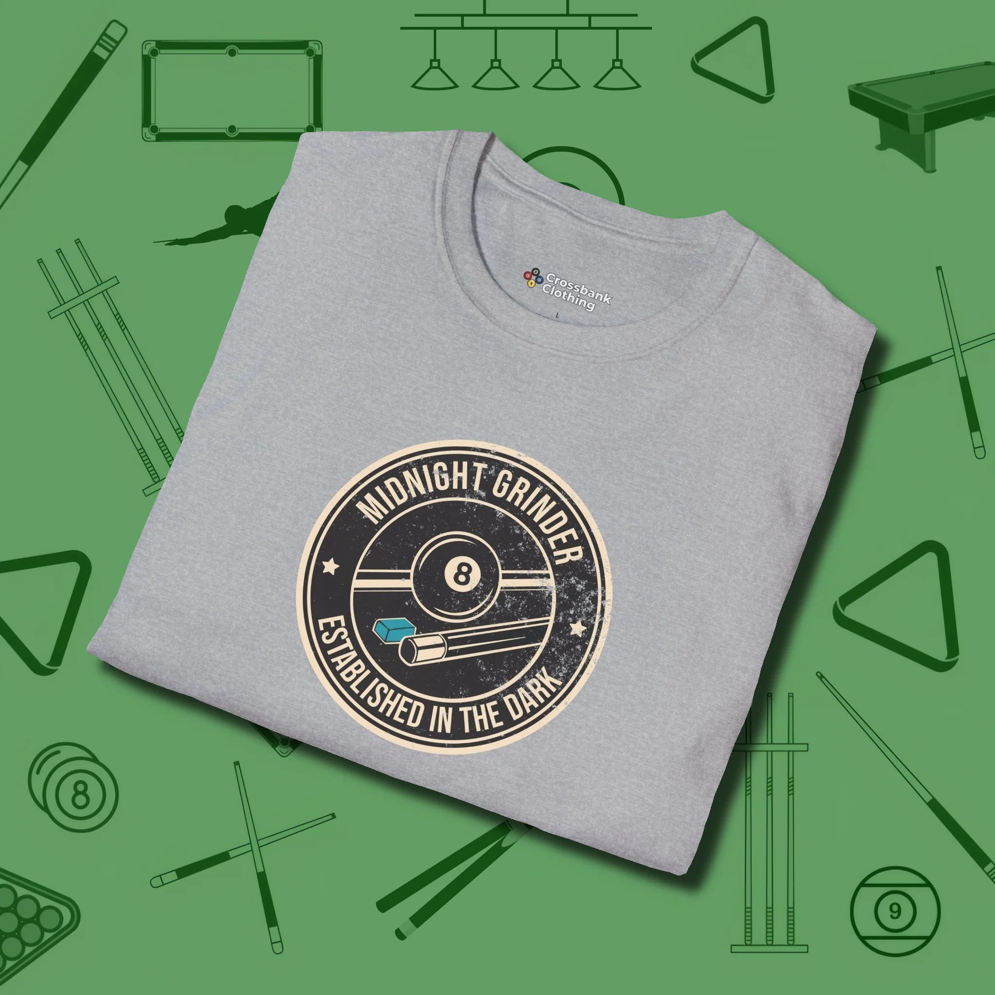 Midnight Grinder Badge T-Shirt, folded view, in Sport Grey cool enough for a corner pocket finish