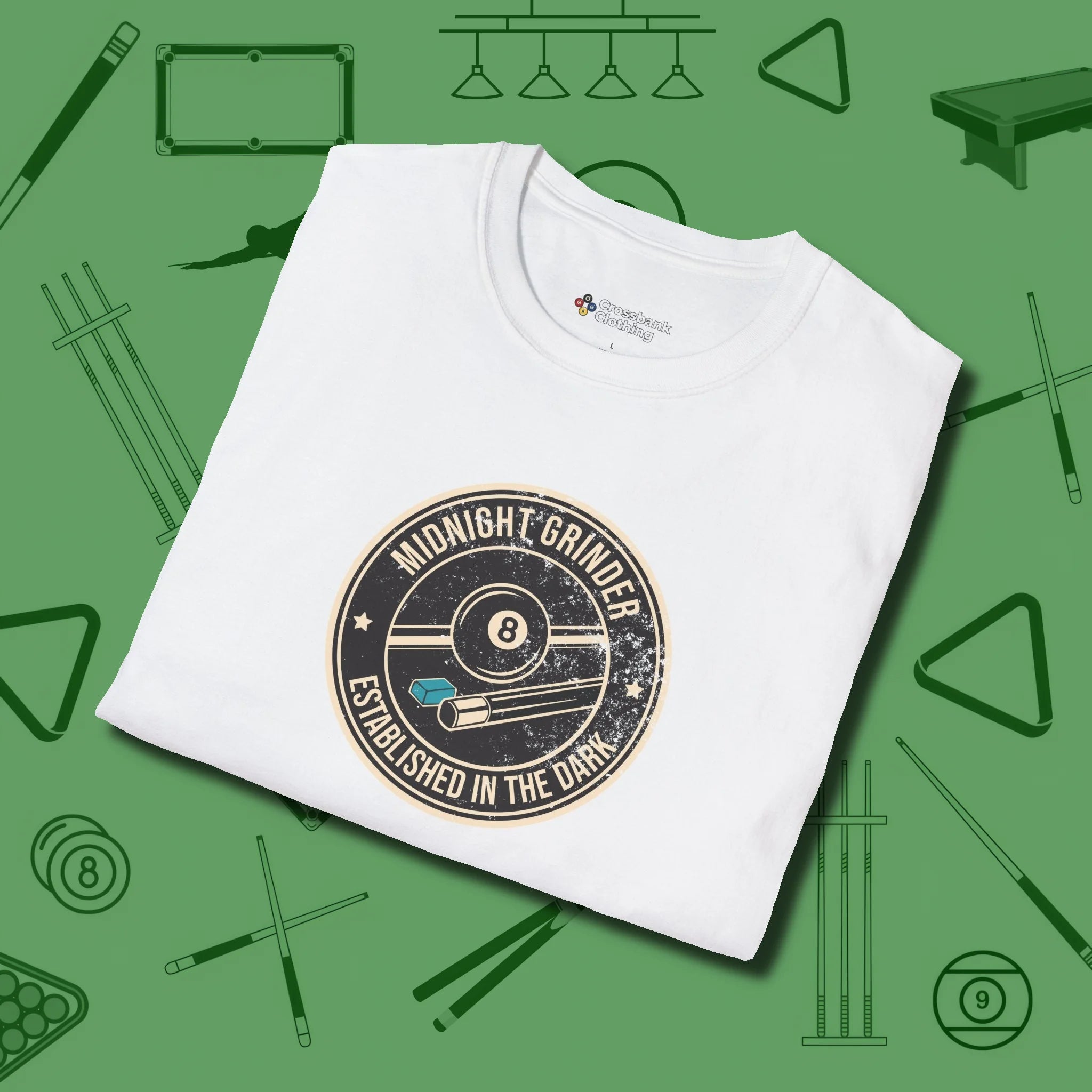 Midnight Grinder Badge T-Shirt, folded view, in White helps your stroke and your style
