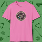 Midnight Grinder Badge T-Shirt, front view, in Azalea stitched for cue discipline and cool confidence