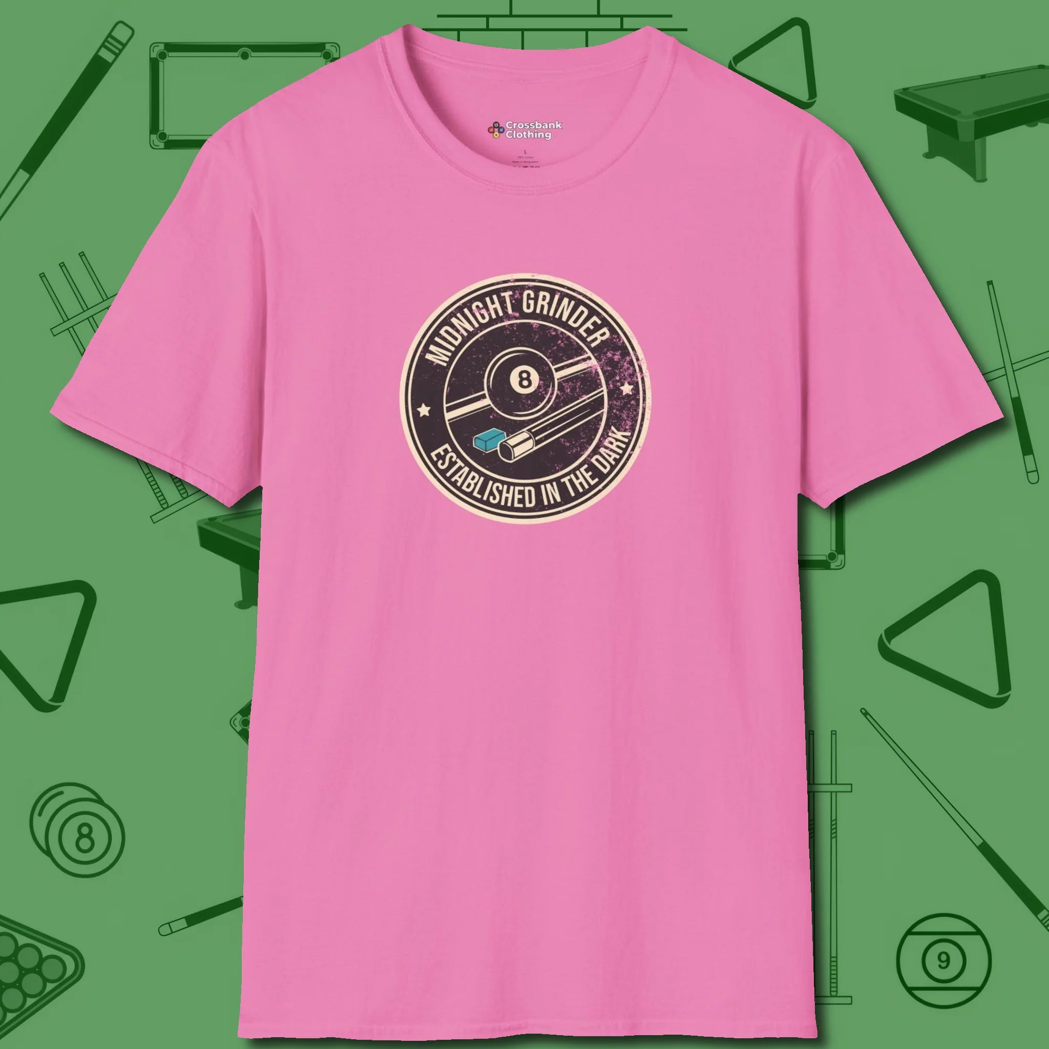 Midnight Grinder Badge T-Shirt, front view, in Azalea stitched for cue discipline and cool confidence