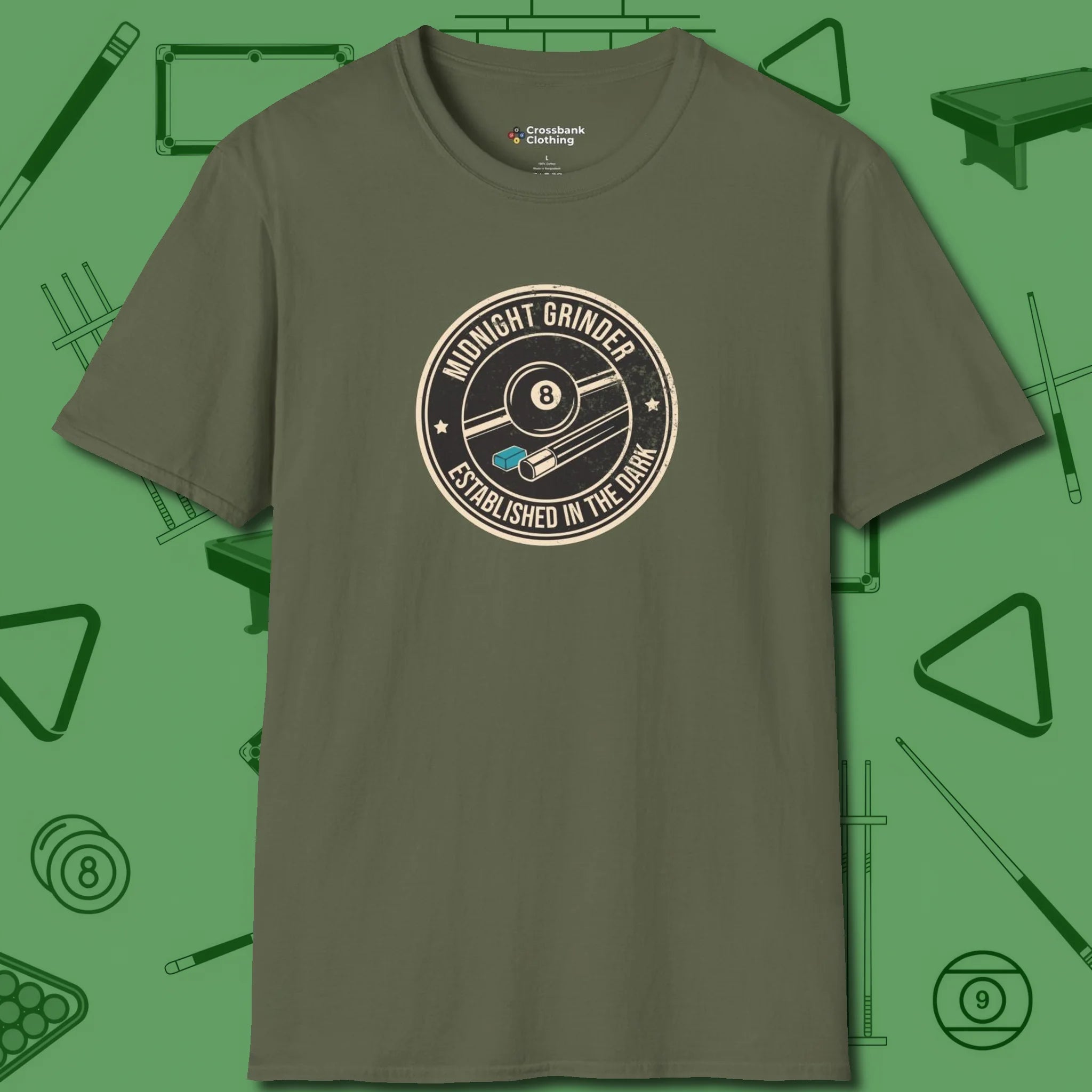 Midnight Grinder Badge T-Shirt, front view, in Military Green cool under pressure, hot on the eyes