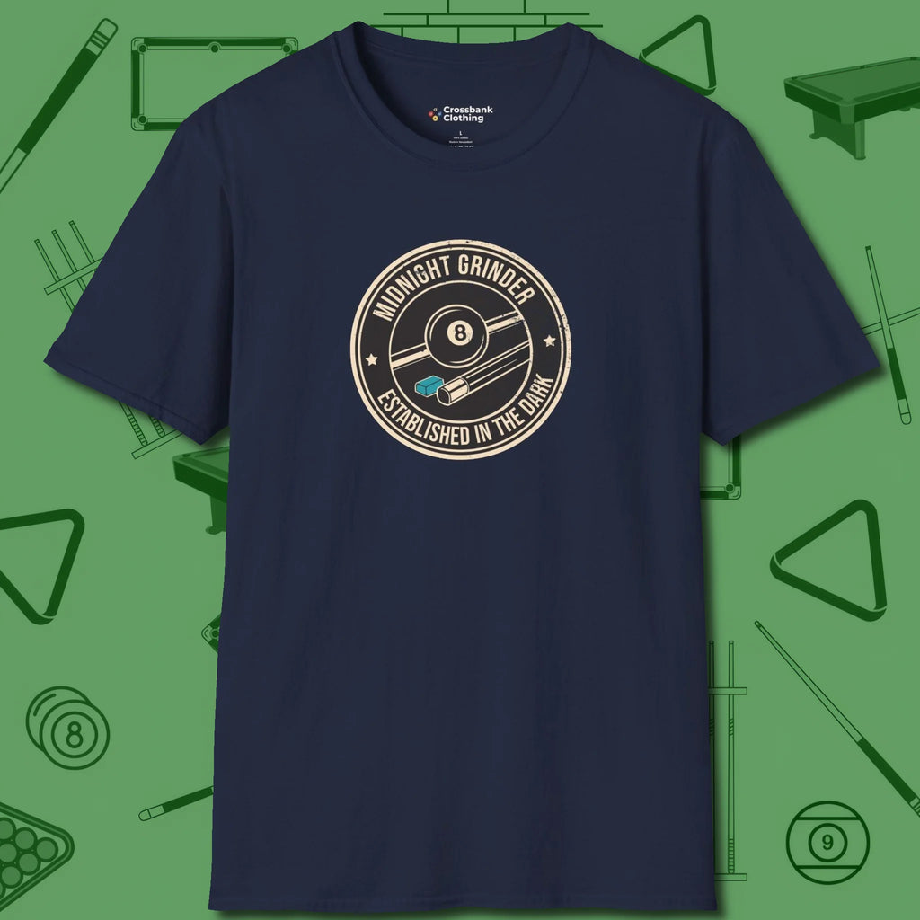 Midnight Grinder Badge T-Shirt, front view, in Navy dress for the shot you want to take