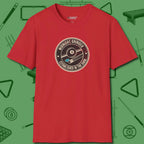 Midnight Grinder Badge T-Shirt, front view, in Red what champions wear between racks
