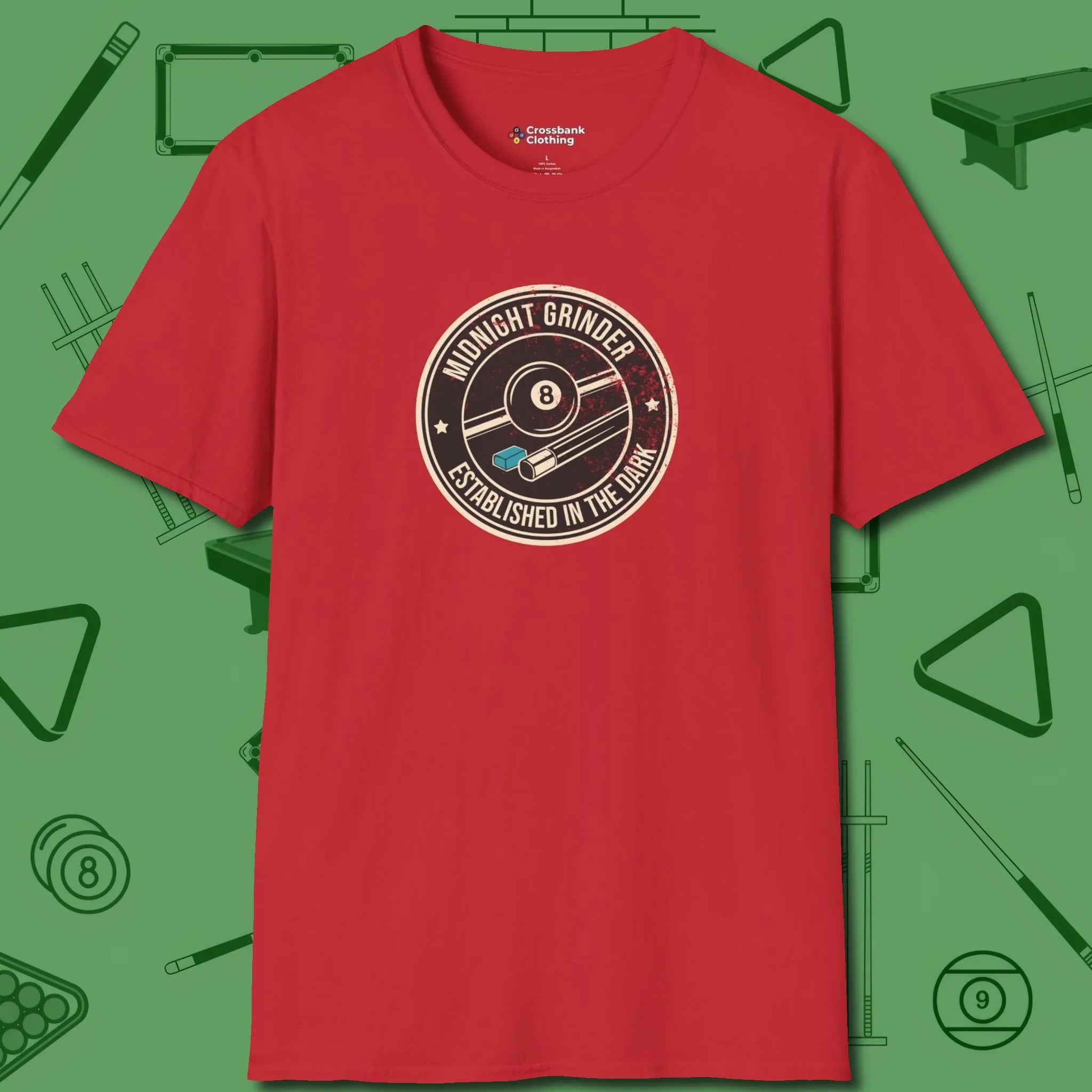 Midnight Grinder Badge T-Shirt, front view, in Red what champions wear between racks
