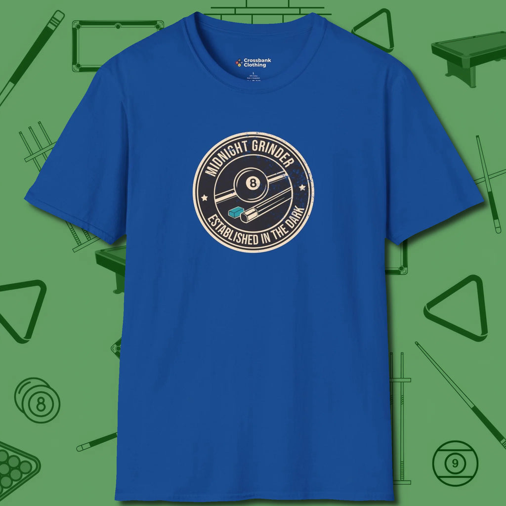 Midnight Grinder Badge T-Shirt, front view, in Royal stitched for cue discipline and cool confidence
