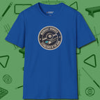 Midnight Grinder Badge T-Shirt, front view, in Royal stitched for cue discipline and cool confidence